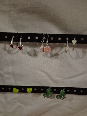 Kids Silver Hoop Earrings with Pink Flower and Heart Charms Set Of 5